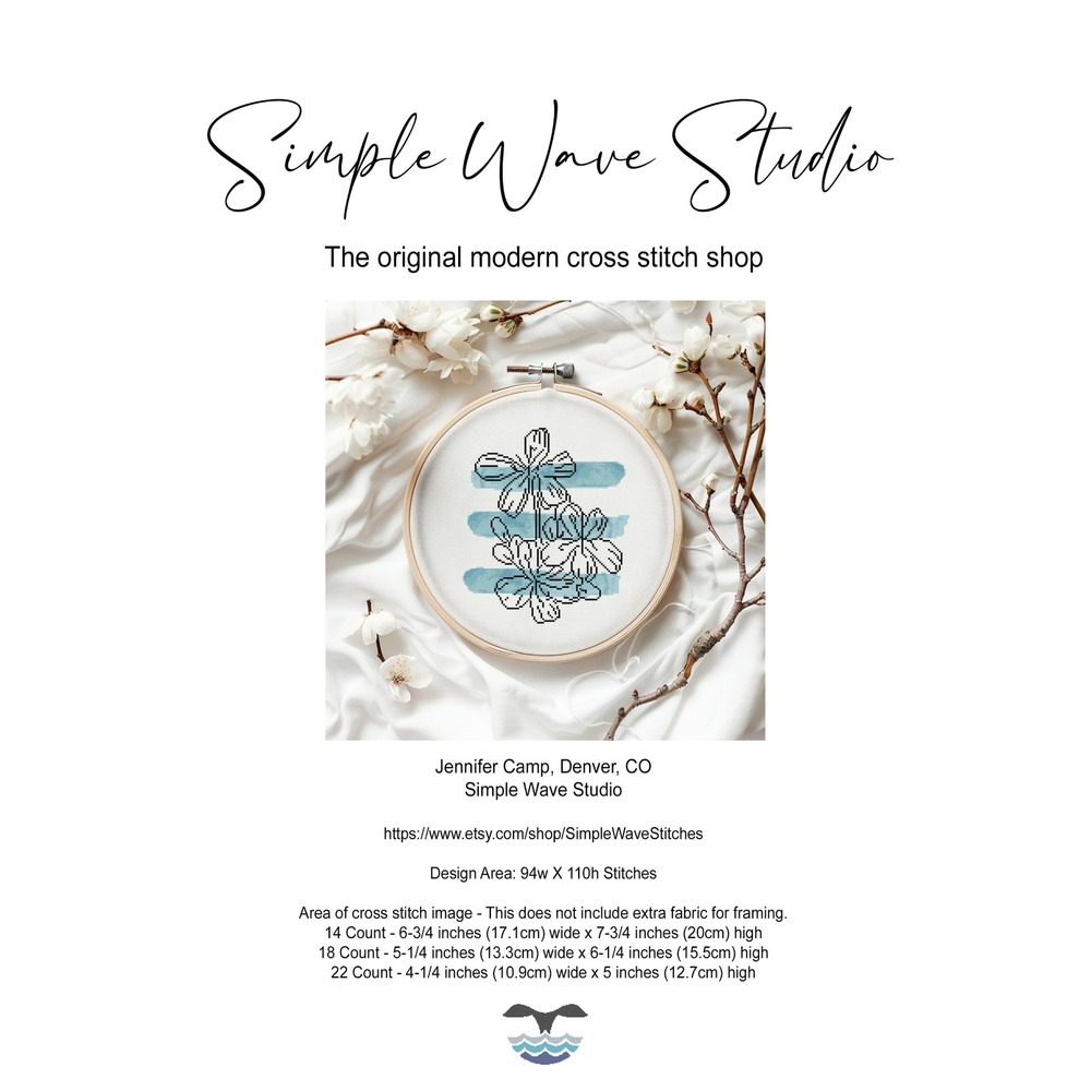 Blue Daisy Abstract Watercolor Modern Black‎ Art Counted Cross Stitch Pattern